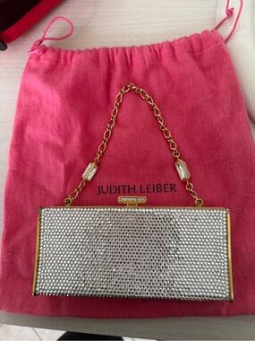 Judith Leiber Gold & Silver Crystal Minaudière Clutch with Gold Chain
